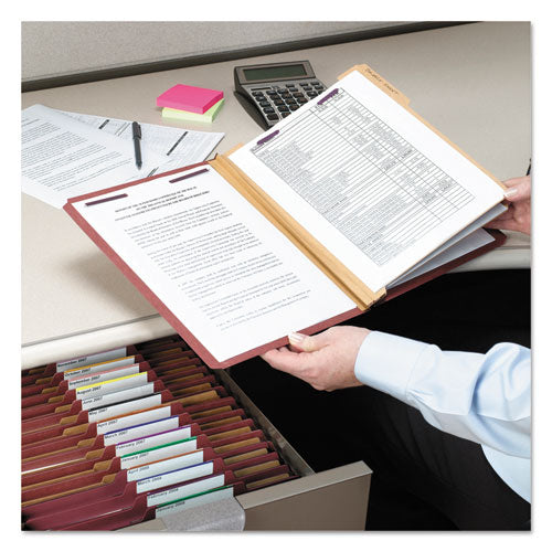 Image of Smead Pressboard Classification Folders, Six SafeSHIELD Fasteners, 2/5-Cut Tabs, 2 Dividers, Legal Size, Red, 10/Box