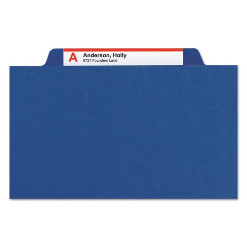 Image of Smead Eight-Section Pressboard Top Tab Classification Folders, 8 SafeSHIELD Fasteners, 3 Dividers, Legal Size, Dark Blue, 10/Box