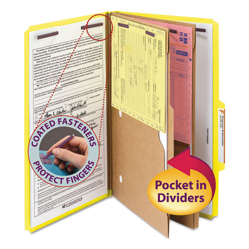 Image of Smead 6-Section Pressboard Top Tab Pocket Classification Folders, 6 SafeSHIELD Fasteners, 2 Dividers, Legal Size, Yellow, 10/Box