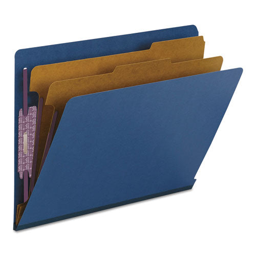 Image of Smead End Tab Pressboard Classification Folders, Six SafeSHIELD Fasteners, 2" Expansion, 2 Dividers, Letter Size, Dark Blue, 10/Box