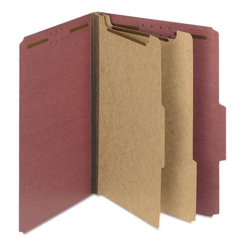 Image of Smead Recycled Pressboard Classification Folders, 2" Expansion, 2 Dividers, 6 Fasteners, Letter Size, Red Exterior, 10/Box