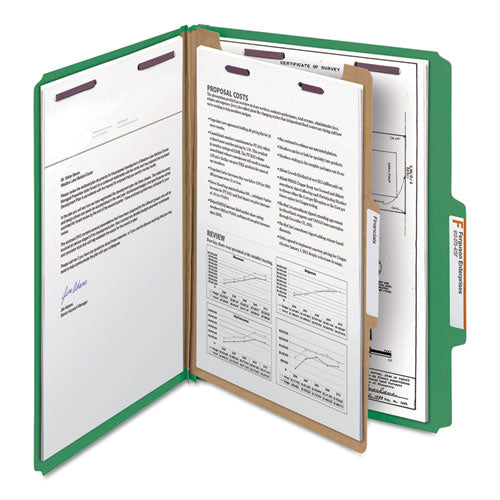 Image of Smead Four-Section Pressboard Top Tab Classification Folders, Four SafeSHIELD Fasteners, 1 Divider, Letter Size, Green, 10/Box