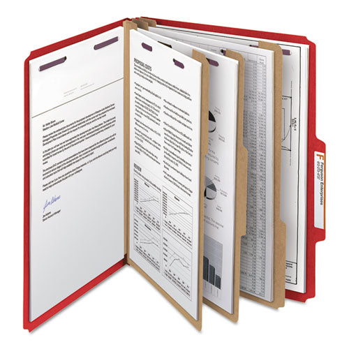 Image of Smead Eight-Section Pressboard Top Tab Classification Folders, 8 SafeSHIELD Fasteners, 3 Dividers, Letter Size, Bright Red, 10/Box