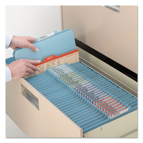 Image of Smead 6-Section Pressboard Top Tab Pocket Classification Folders, 6 SafeSHIELD Fasteners, 2 Dividers, Legal Size, Blue, 10/Box