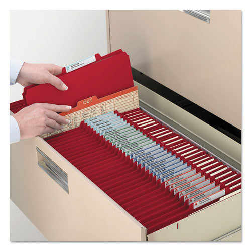Image of Smead Top Tab Classification Folders, Six SafeSHIELD Fasteners, 2" Expansion, 2 Dividers, Letter Size, Red Exterior, 10/Box