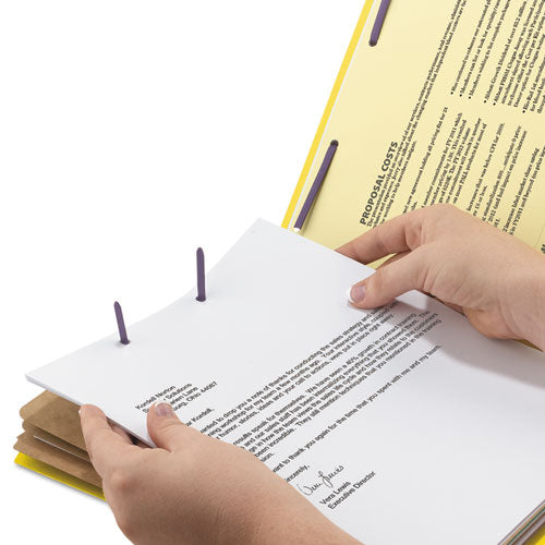 Image of Smead Eight-Section Pressboard Top Tab Classification Folders, Eight SafeSHIELD Fasteners, 3 Dividers, Letter Size, Yellow, 10/Box
