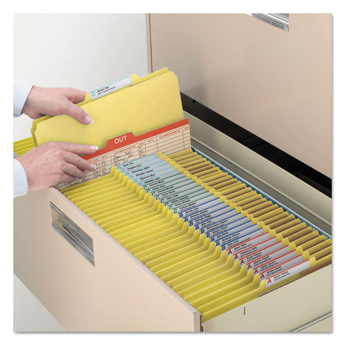 Image of Smead 6-Section Pressboard Top Tab Pocket Classification Folders, 6 SafeSHIELD Fasteners, 2 Dividers, Legal Size, Yellow, 10/Box