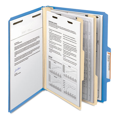 Image of Smead Top Tab Classification Folders, Six SafeSHIELD Fasteners, 2" Expansion, 2 Dividers, Letter Size, Blue Exterior, 10/Box