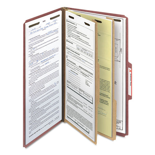 Image of Smead Recycled Pressboard Classification Folders, 2" Expansion, 2 Dividers, 6 Fasteners, Legal Size, Red Exterior, 10/Box