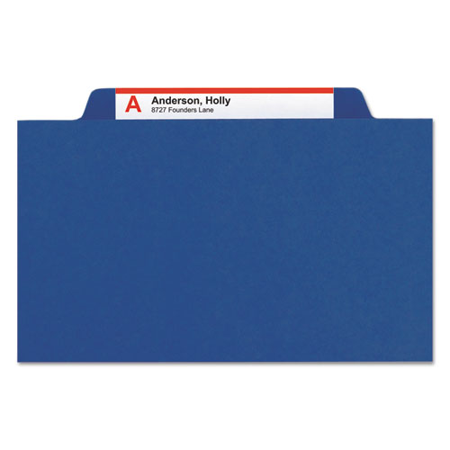 Image of Smead 6-Section Pressboard Top Tab Pocket Classification Folders, 6 SafeSHIELD Fasteners, 2 Dividers, Legal Size, Dark Blue, 10/Box