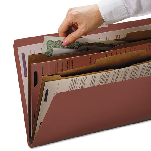 Image of Smead 6-Section Pressboard Top Tab Pocket Classification Folders, 6 SafeSHIELD Fasteners, 2 Dividers, Legal Size, Red, 10/Box