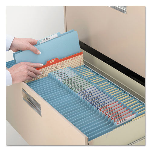 Image of Smead Top Tab Classification Folders, Six SafeSHIELD Fasteners, 2" Expansion, 2 Dividers, Letter Size, Blue Exterior, 10/Box