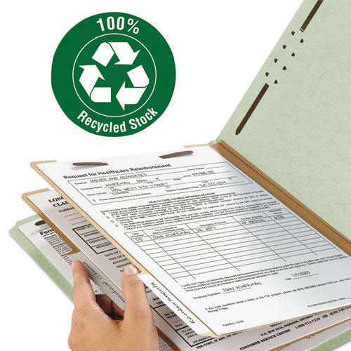 Image of Smead Recycled Pressboard Classification Folders, 2" Expansion, 2 Dividers, 6 Fasteners, Legal Size, Gray-Green, 10/Box