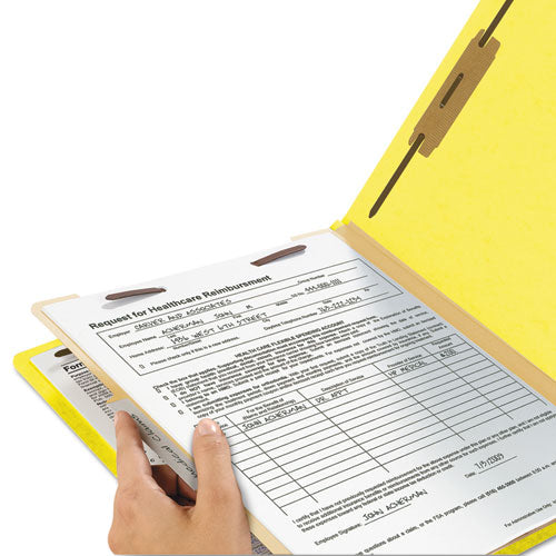 Image of Smead Top Tab Classification Folders, Four SafeSHIELD Fasteners, 2" Expansion, 1 Divider, Letter Size, Yellow Exterior, 10/Box