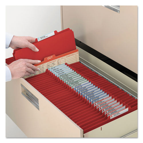 Image of Smead 6-Section Pressboard Top Tab Pocket Classification Folders, 6 SafeSHIELD Fasteners, 2 Dividers, Legal Size, Bright Red, 10/BX