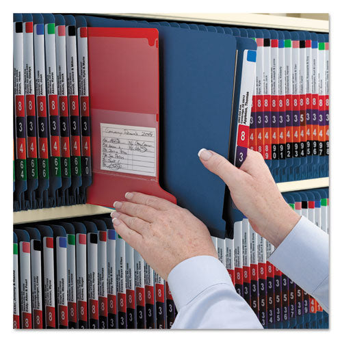 Image of Smead End Tab Pressboard Classification Folders, Six SafeSHIELD Fasteners, 2" Expansion, 2 Dividers, Legal Size, Dark Blue, 10/Box