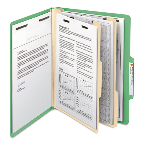 Image of Smead Top Tab Classification Folders, Six SafeSHIELD Fasteners, 2" Expansion, 2 Dividers, Letter Size, Green Exterior, 10/Box