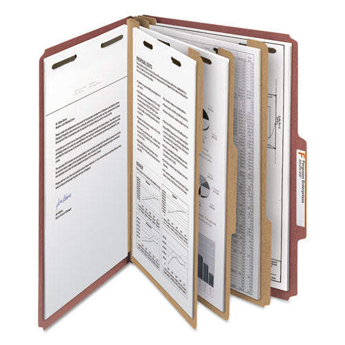 Image of Smead Recycled Pressboard Classification Folders, 3" Expansion, 3 Dividers, 8 Fasteners, Legal Size, Red Exterior, 10/Box