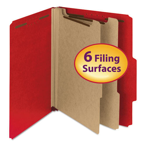 Image of Smead Recycled Pressboard Classification Folders, 2" Expansion, 2 Dividers, 6 Fasteners, Letter Size, Bright Red, 10/Box