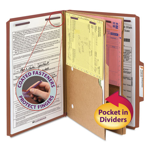 Image of Smead 6-Section Pressboard Top Tab Pocket Classification Folders, 6 SafeSHIELD Fasteners, 2 Dividers, Legal Size, Red, 10/Box