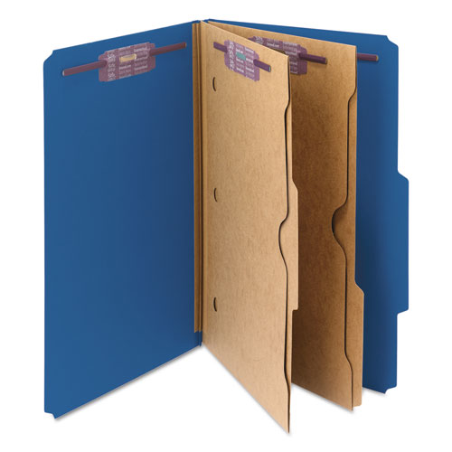 Image of Smead 6-Section Pressboard Top Tab Pocket Classification Folders, 6 SafeSHIELD Fasteners, 2 Dividers, Legal Size, Dark Blue, 10/Box
