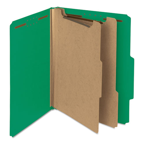 Image of Smead Recycled Pressboard Classification Folders, 2" Expansion, 2 Dividers, 6 Fasteners, Letter Size, Green Exterior, 10/Box