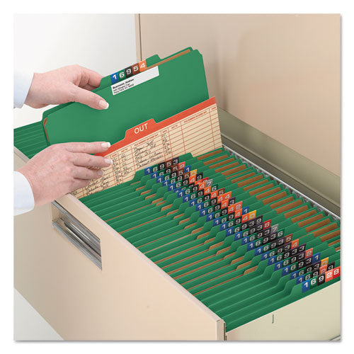 Image of Smead Eight-Section Pressboard Top Tab Classification Folders, Eight SafeSHIELD Fasteners, 3 Dividers, Legal Size, Green, 10/Box