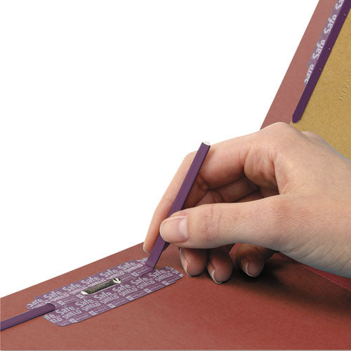 Image of Smead End Tab Pressboard Classification Folders, Eight SafeSHIELD Fasteners, 3" Expansion, 3 Dividers, Letter Size, Red, 10/Box