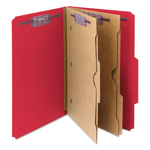 Image of Smead 6-Section Pressboard Top Tab Pocket Classification Folders, 6 SafeSHIELD Fasteners, 2 Dividers, Legal Size, Bright Red, 10/BX
