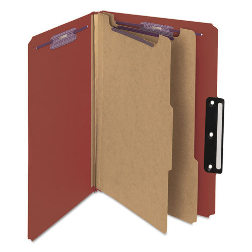 Image of Smead Pressboard Classification Folders, Six SafeSHIELD Fasteners, 1/3-Cut Tabs, 2 Dividers, Legal Size, Red, 10/Box