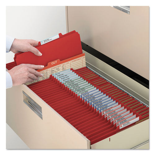 Image of Smead Eight-Section Pressboard Top Tab Classification Folders, 8 SafeSHIELD Fasteners, 3 Dividers, Letter Size, Bright Red, 10/Box