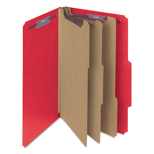 Image of Smead Eight-Section Pressboard Top Tab Classification Folders, 8 SafeSHIELD Fasteners, 3 Dividers, Legal Size, Bright Red, 10/Box