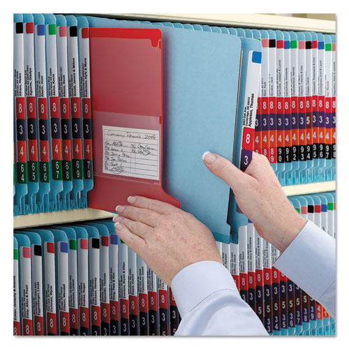 Image of Smead End Tab Pressboard Classification Folders, Six SafeSHIELD Fasteners, 2" Expansion, 2 Dividers, Letter Size, Blue, 10/Box