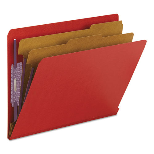 Image of Smead End Tab Pressboard Classification Folders, Six SafeSHIELD Fasteners, 2" Expansion, 2 Dividers, Letter Size, Bright Red, 10/BX