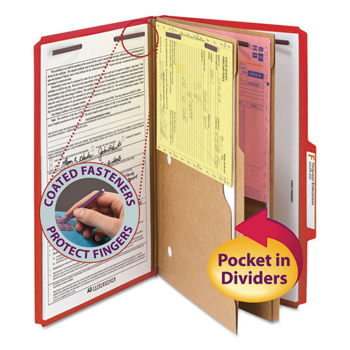 Image of Smead 6-Section Pressboard Top Tab Pocket Classification Folders, 6 SafeSHIELD Fasteners, 2 Dividers, Legal Size, Bright Red, 10/BX