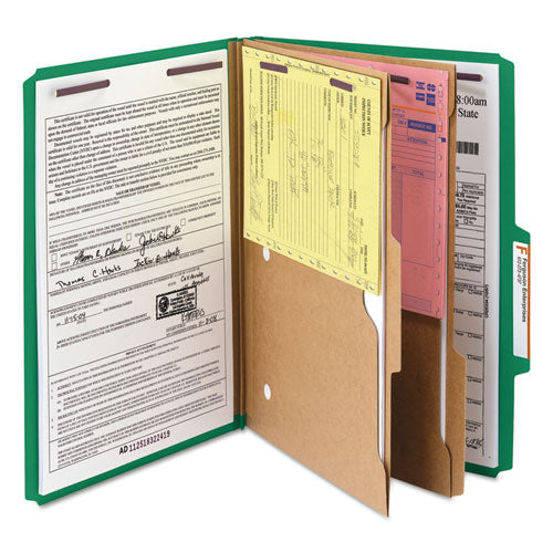 Image of Smead 6-Section Pressboard Top Tab Pocket Classification Folders, 6 SafeSHIELD Fasteners, 2 Dividers, Legal Size, Green, 10/Box