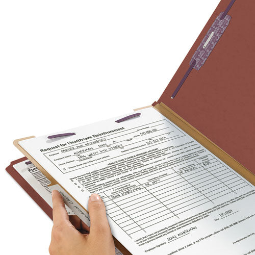 Image of Smead Pressboard Classification Folders, Four SafeSHIELD Fasteners, 2/5-Cut Tabs, 1 Divider, Legal Size, Red, 10/Box