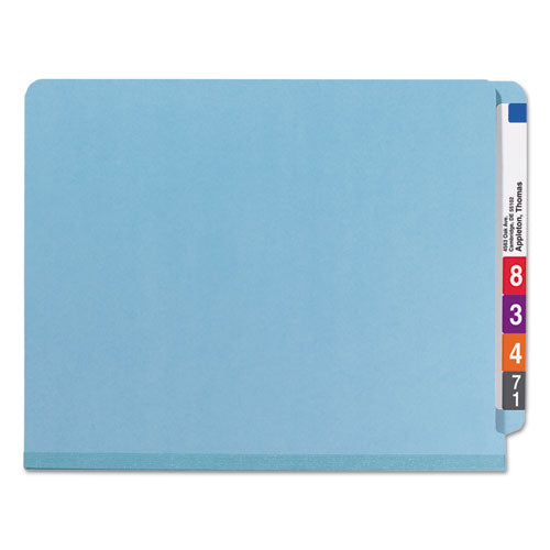 Image of Smead End Tab Pressboard Classification Folders, Six SafeSHIELD Fasteners, 2" Expansion, 2 Dividers, Letter Size, Blue, 10/Box