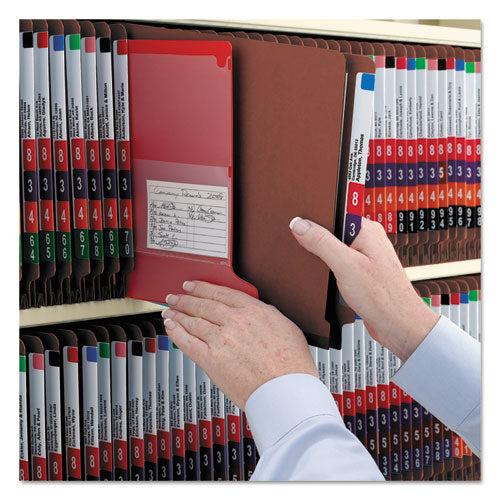 Image of Smead End Tab Pressboard Classification Folders, Eight SafeSHIELD Fasteners, 3" Expansion, 3 Dividers, Letter Size, Red, 10/Box