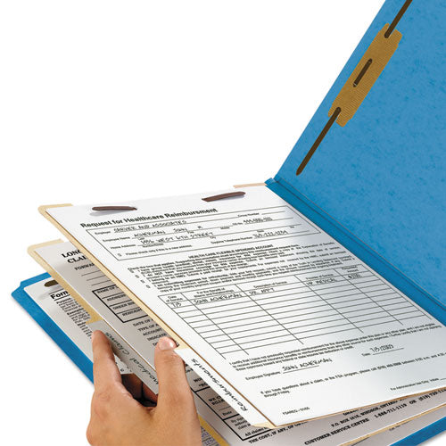 Image of Smead Top Tab Classification Folders, Six SafeSHIELD Fasteners, 2" Expansion, 2 Dividers, Letter Size, Blue Exterior, 10/Box