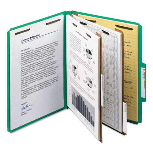 Image of Smead Recycled Pressboard Classification Folders, 2" Expansion, 2 Dividers, 6 Fasteners, Letter Size, Green Exterior, 10/Box