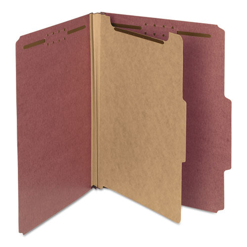 Image of Smead Recycled Pressboard Classification Folders, 2" Expansion, 1 Divider, 4 Fasteners, Letter Size, Red Exterior, 10/Box