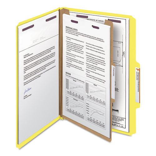 Image of Smead Four-Section Pressboard Top Tab Classification Folders, Four SafeSHIELD Fasteners, 1 Divider, Legal Size, Yellow, 10/Box