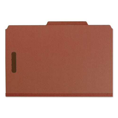 Image of Smead Recycled Pressboard Classification Folders, 2" Expansion, 2 Dividers, 6 Fasteners, Legal Size, Red Exterior, 10/Box