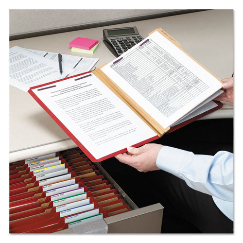 Image of Smead Eight-Section Pressboard Top Tab Classification Folders, 8 SafeSHIELD Fasteners, 3 Dividers, Legal Size, Bright Red, 10/Box