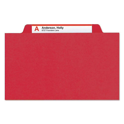 Image of Smead 6-Section Pressboard Top Tab Pocket Classification Folders, 6 SafeSHIELD Fasteners, 2 Dividers, Legal Size, Bright Red, 10/BX