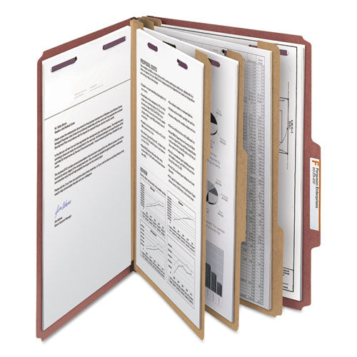 Image of Smead Pressboard Classification Folders, Eight SafeSHIELD Fasteners, 2/5-Cut Tabs, 3 Dividers, Legal Size, Red, 10/Box