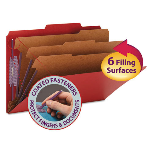 Image of Smead Eight-Section Pressboard Top Tab Classification Folders, 8 SafeSHIELD Fasteners, 3 Dividers, Legal Size, Bright Red, 10/Box