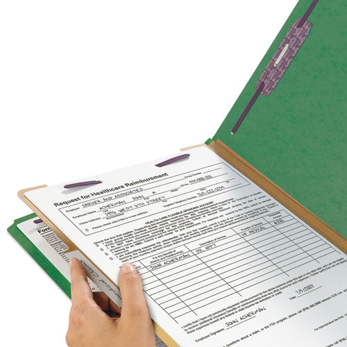 Image of Smead Four-Section Pressboard Top Tab Classification Folders, Four SafeSHIELD Fasteners, 1 Divider, Legal Size, Green, 10/Box