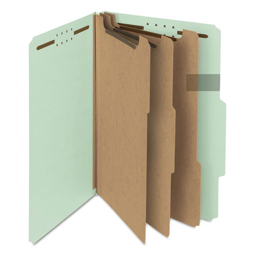 Image of Smead Recycled Pressboard Classification Folders, 3" Expansion, 3 Dividers, 8 Fasteners, Legal Size, Gray-Green, 10/Box